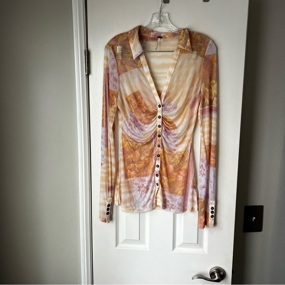 Free People Brown Tan Long Sleeve Ruched Blouse